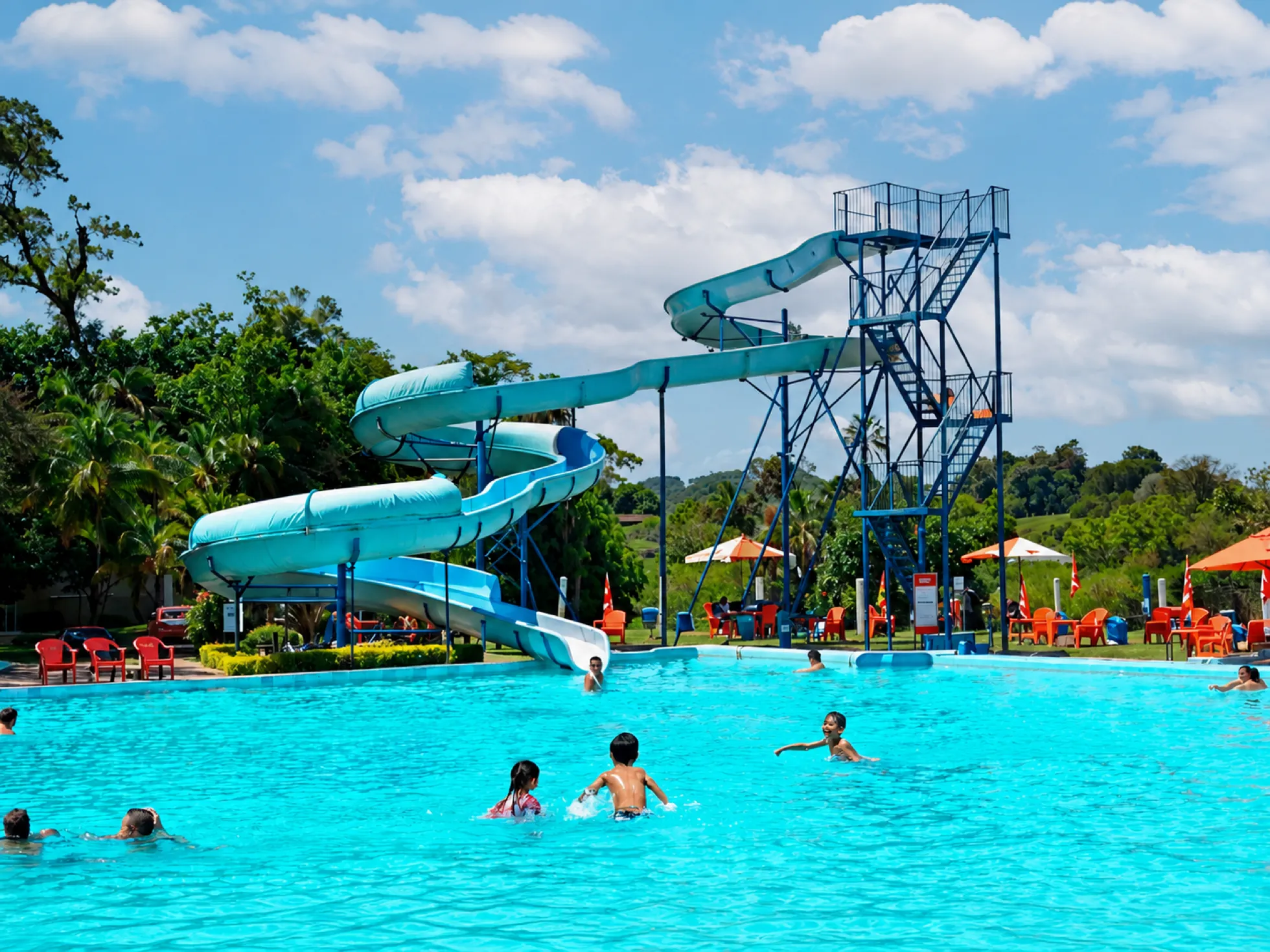 Crianças brincando na piscina com o tobogã do Paraíso Park ao fundo